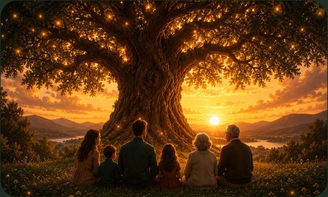 People gathered beneath the glowing ForeverTree at sunset